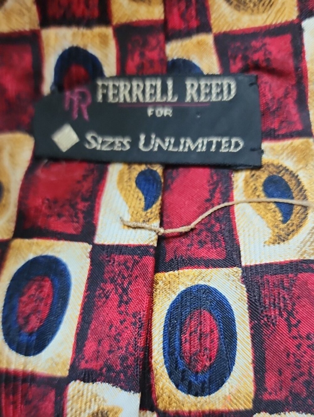 Ferrell Reed Geometric Pattern Necktie in Red, Gold & Navy - Picture 7 of 8